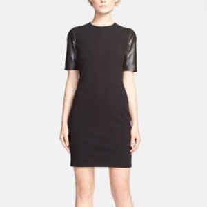 Vince Leather Sleeve Pencil Dress Women’s 10 Black Mini Sheath Preppy City